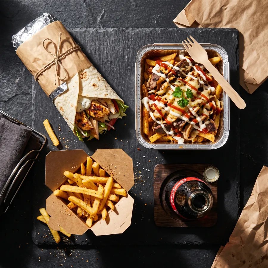 A kebab, snack pack, chips and a drink laid out together
