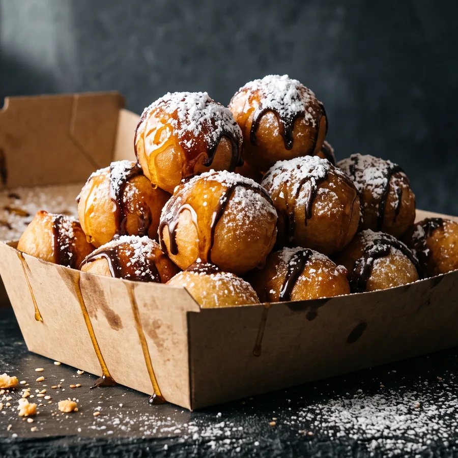 A box of loukoumades dusted with icing sugar and drizzled with chocolate