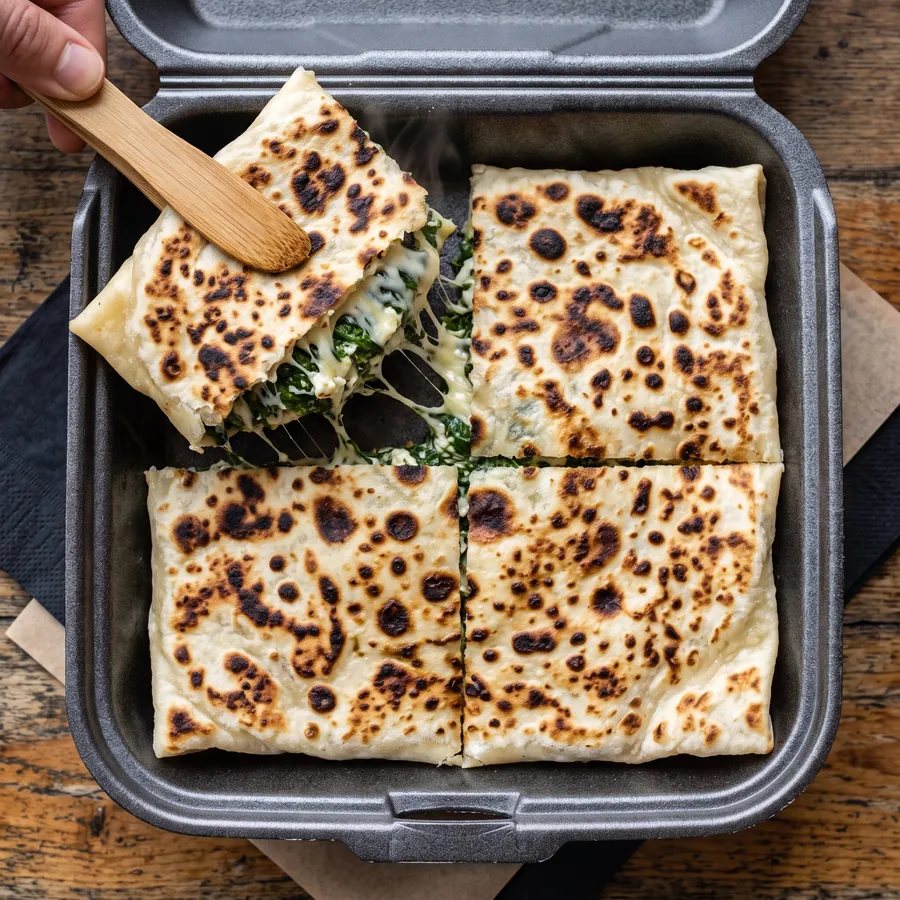 Gozleme cut into quarters showing spinach and cheese