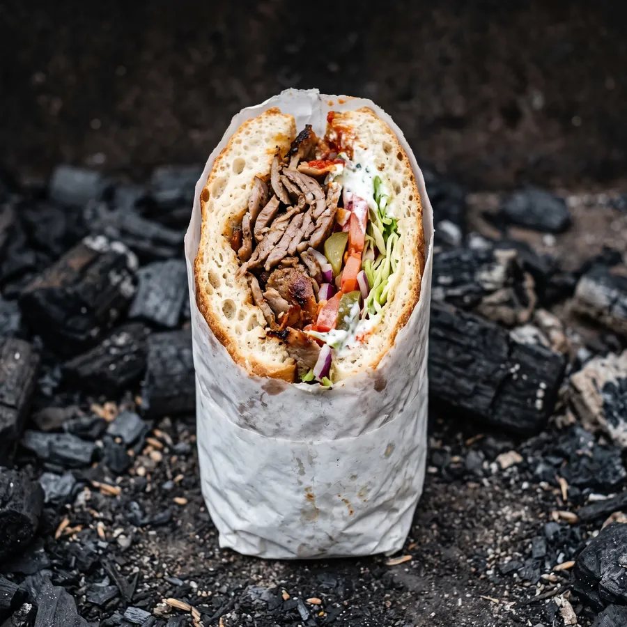 A lamb kebab wrapped in paper