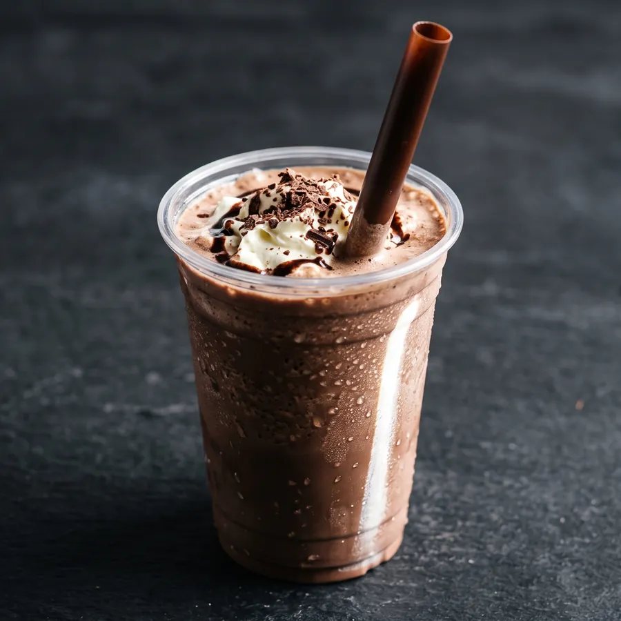 A thick chocolate shake with a straw