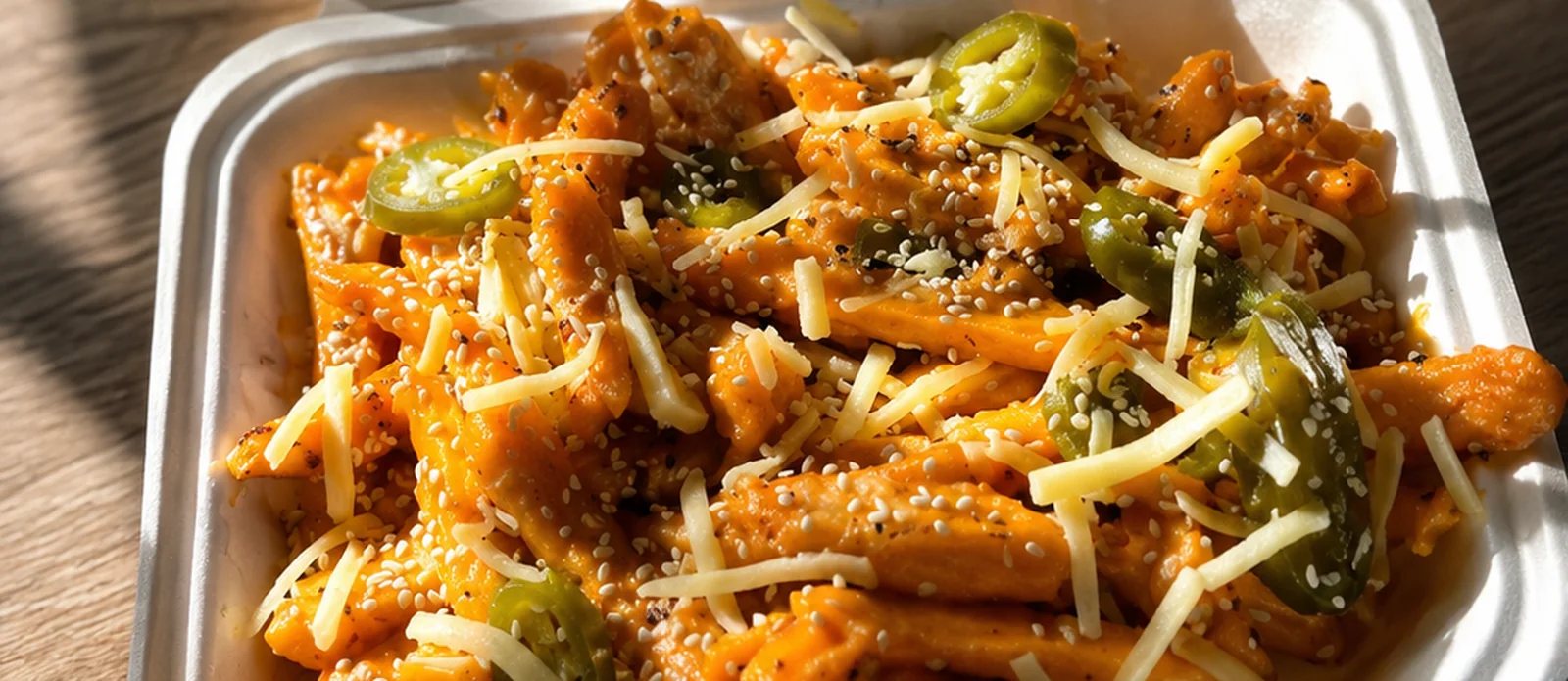 Cheesy fries loaded with cheese, jalapenos and sesame in a takeaway box