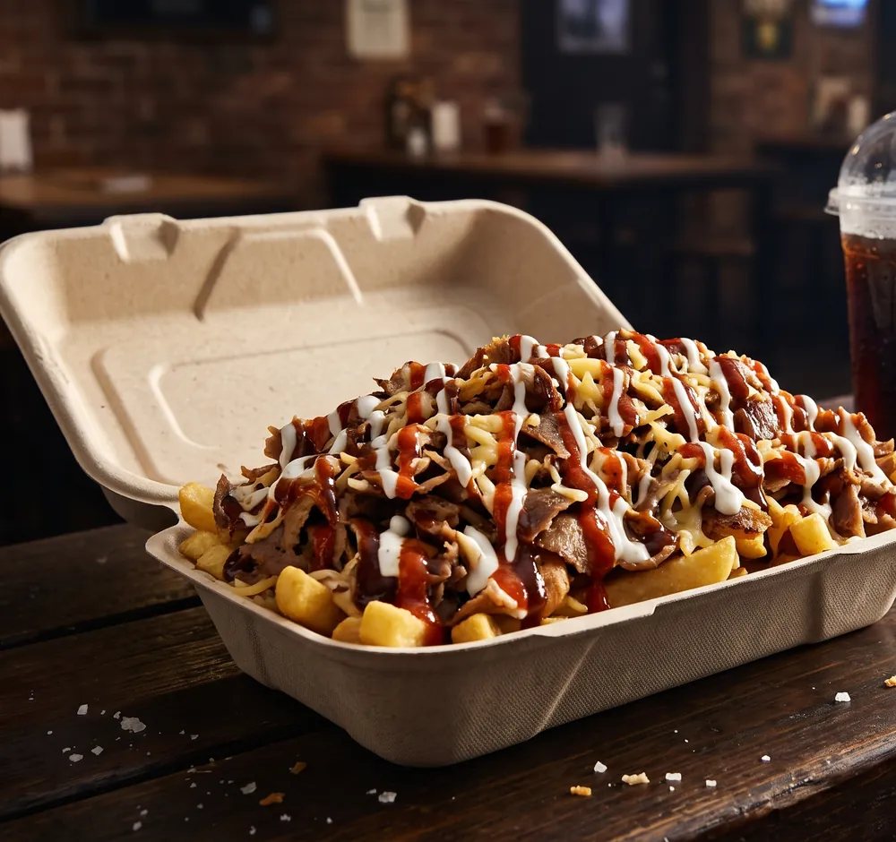 A loaded halal snack pack in an open box with a side of chips and a drink