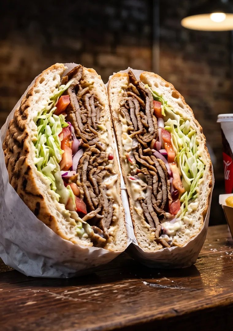 A lamb kebab in Turkish bread cut in half showing the filling