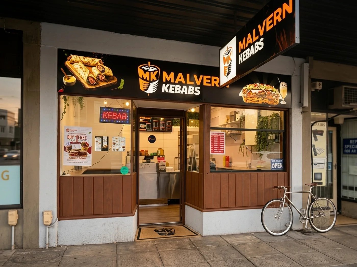 The Malvern Kebabs shopfront on Malvern Rd, lit sign above the open counter